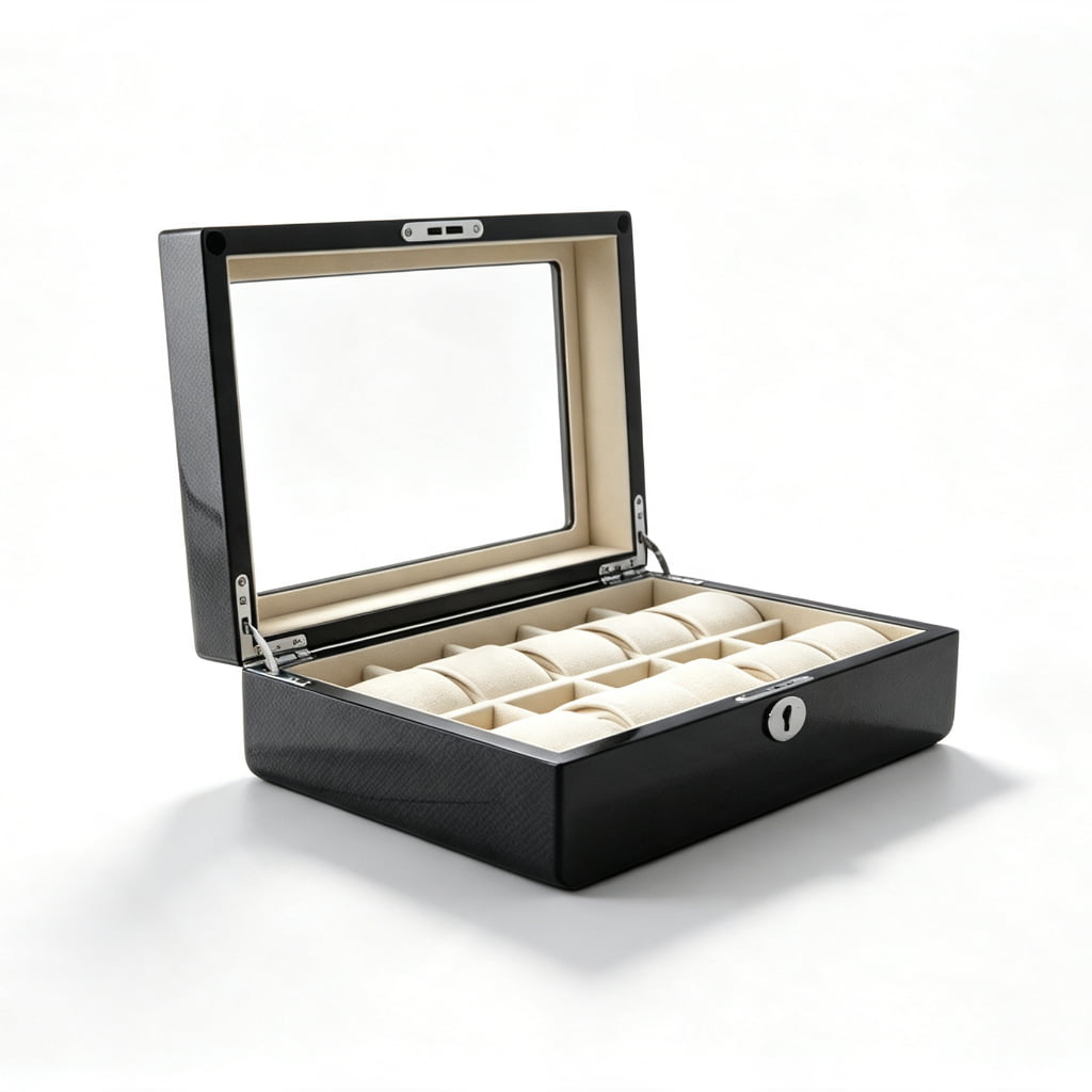 High Glossy Ebony Grain Spliced Carbon Fiber 10 Watch Case with Tempered Glass Display