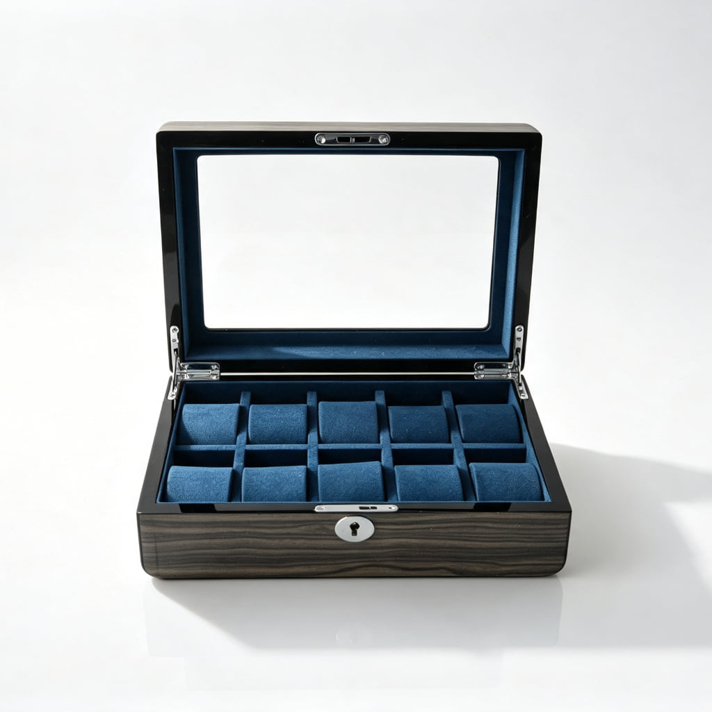 High Glossy Dark Oak Grain Spliced Carbon Fiber 5 Watch Case with Blue Velvet Interior