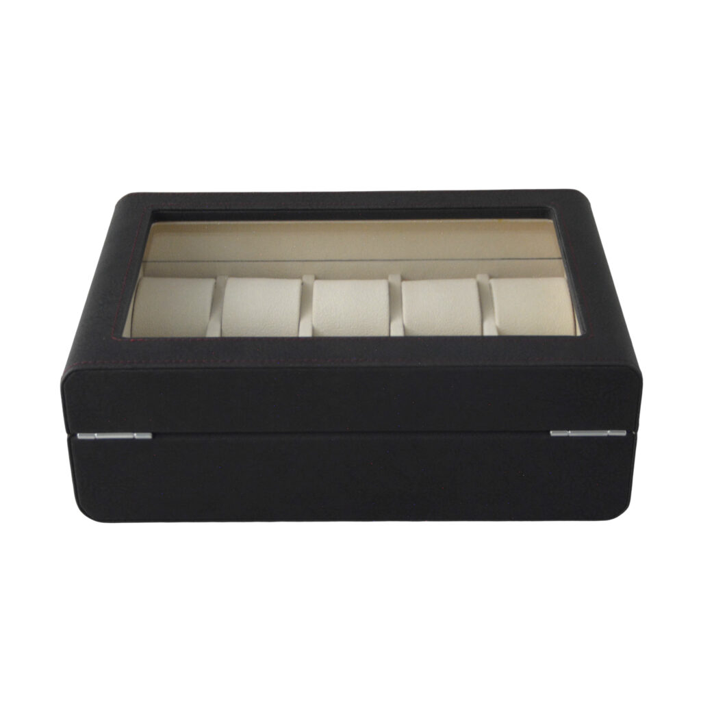 PU Leather Black 10 Watch Case with Grey Velvet Interior