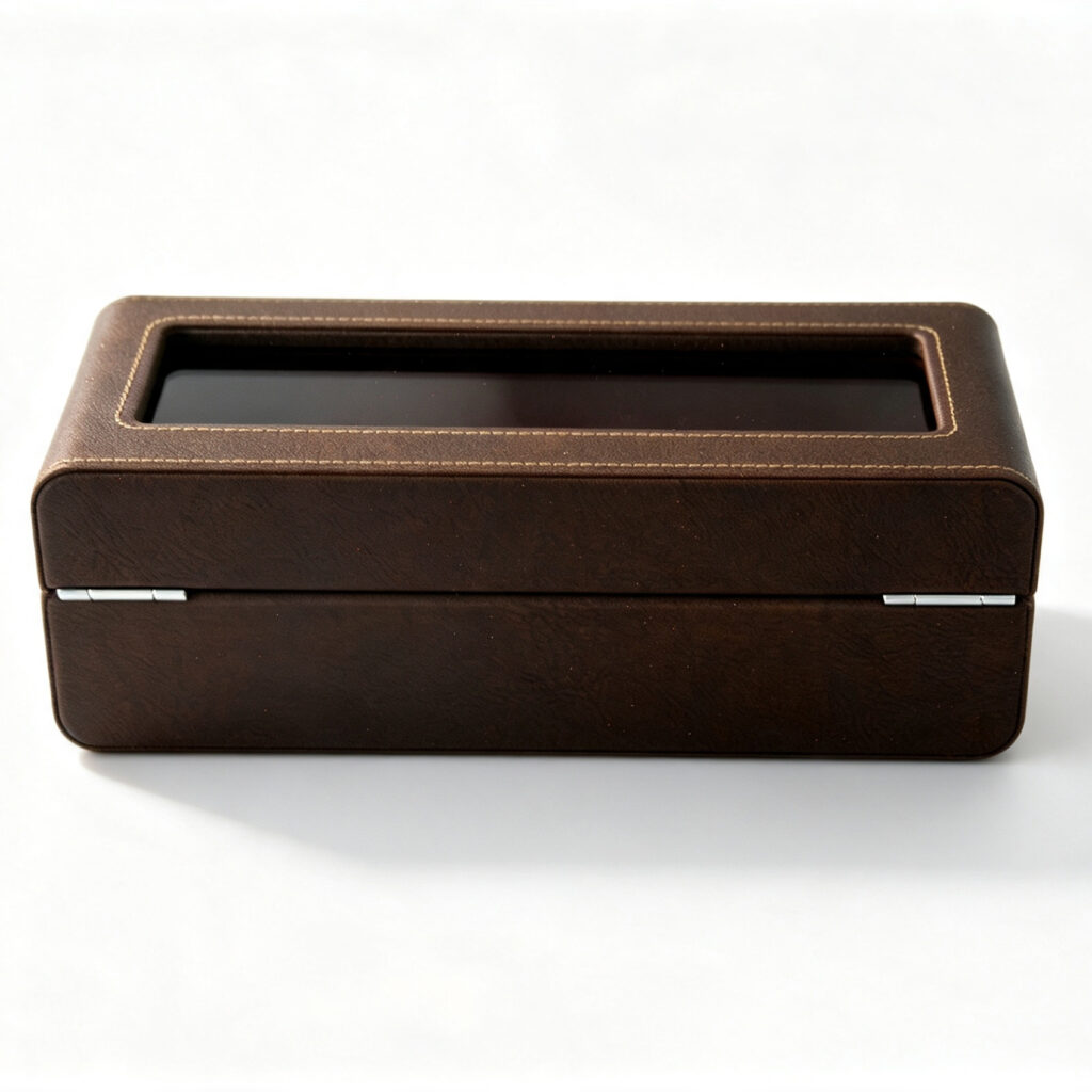 PU Leather Brown 5 Watch Case with Burgundy Velvet Interior