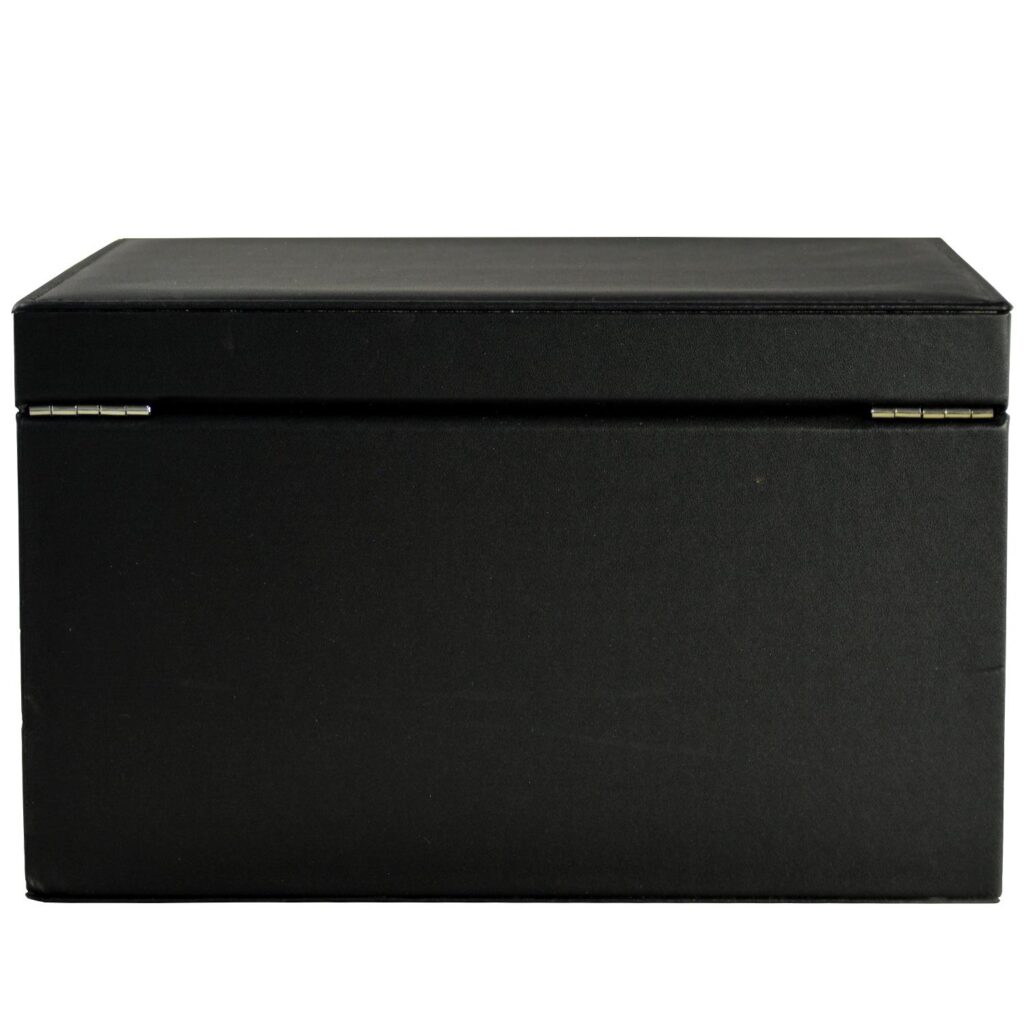 Black jewelry collection box showing rear hinge structure and leather finish