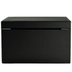 Black jewelry collection box showing rear hinge structure and leather finish