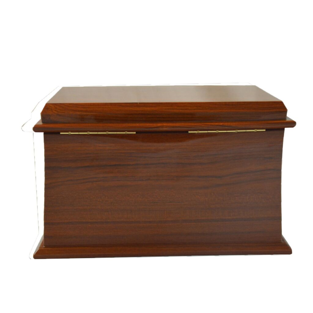 Teak jewelry case back view with hinged lid design