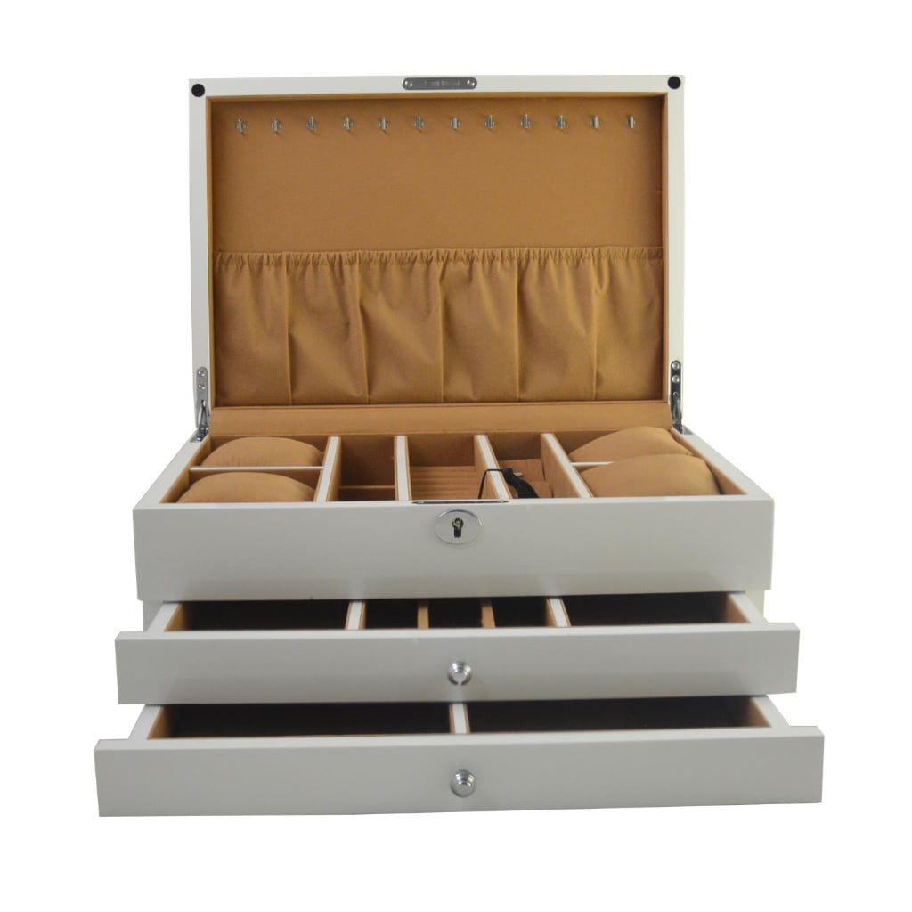 Open jewelry case with ring rolls compartments and pull-out drawers