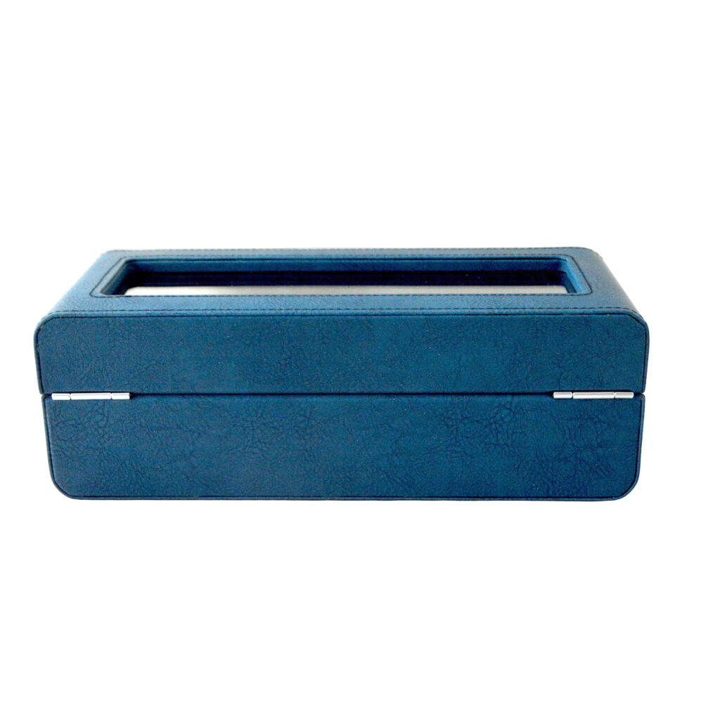 Blue watch box back view with hinged tempered glass lid