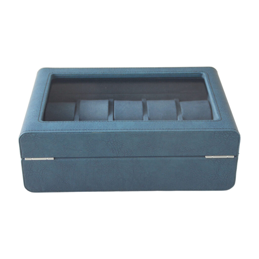 Open blue 10 watch case with velvet-lined interior