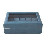 Open blue 10 watch case with velvet-lined interior