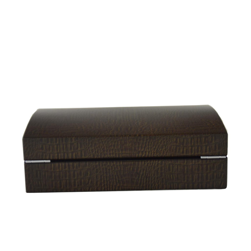 green crocodile grain watch case with rear hinge structure and exterior finish