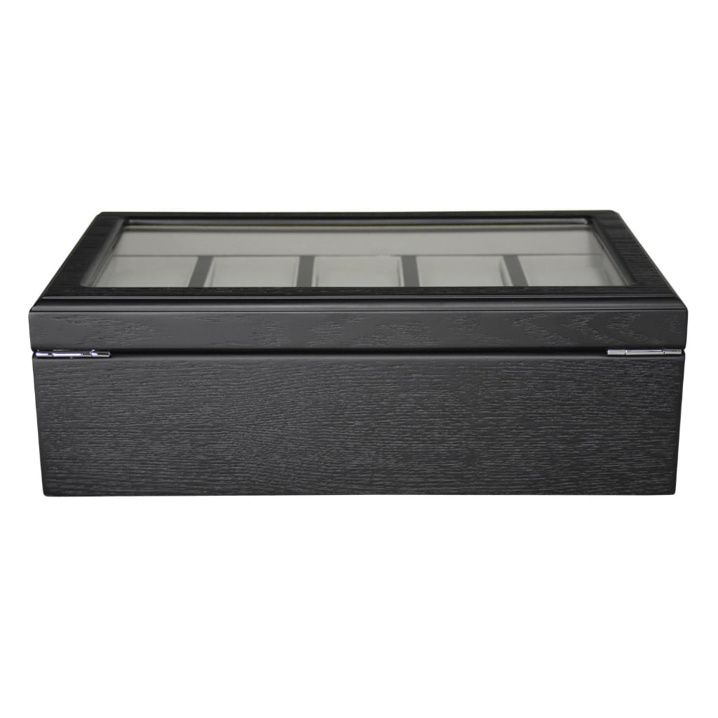 black wood watch case with glass top and grey interior