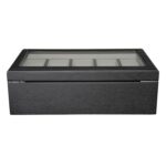 black wood watch case with glass top and grey interior