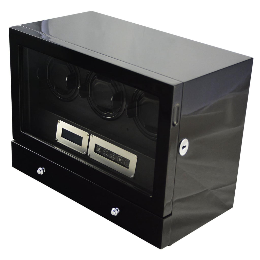 Black high-gloss triple watch winder with tempered glass door and touchscreen panel