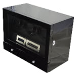 Black high-gloss triple watch winder with tempered glass door and touchscreen panel
