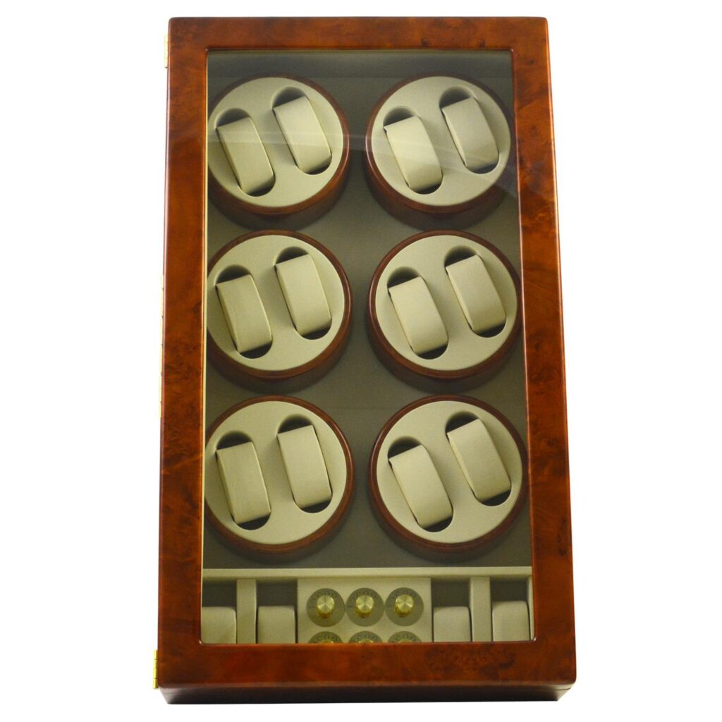 High-gloss deep yellow 12 watch winder side view with tempered glass door and beige interior