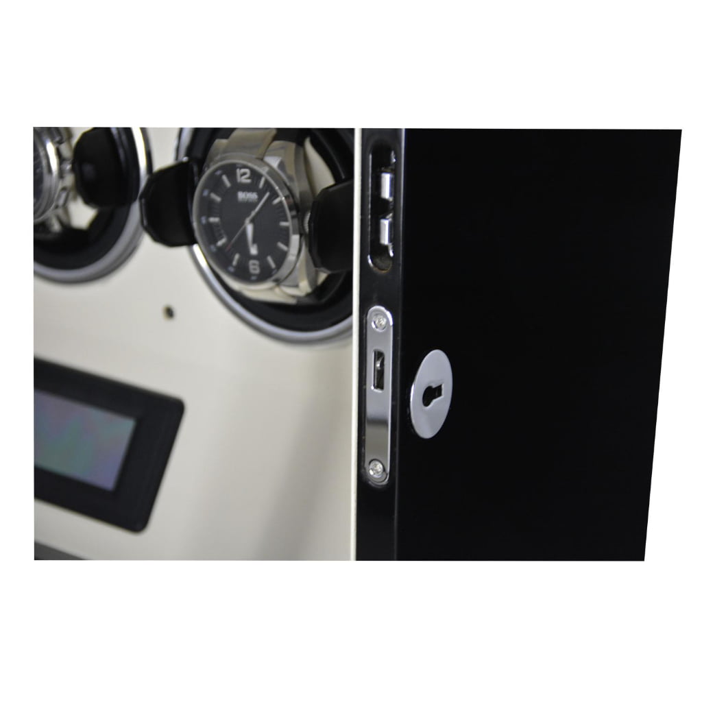 Black 3 watch winder close-up showing standard hardware lock and tempered glass door edge