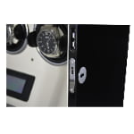 Black 3 watch winder close-up showing standard hardware lock and tempered glass door edge