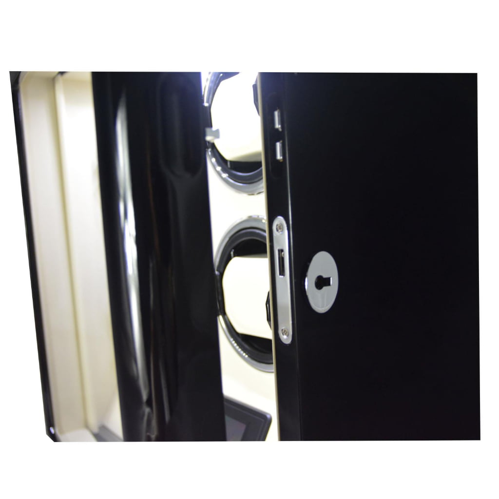 Black 3 watch winder close-up showing standard hardware lock and tempered glass door edge