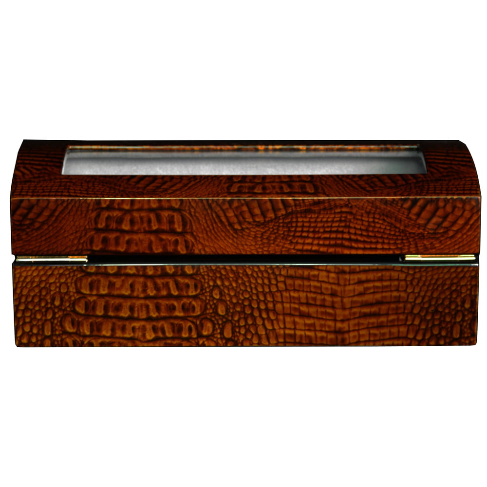High Glossy Crocodile Grain Brown 4 Watch Case with Tempered Glass Display