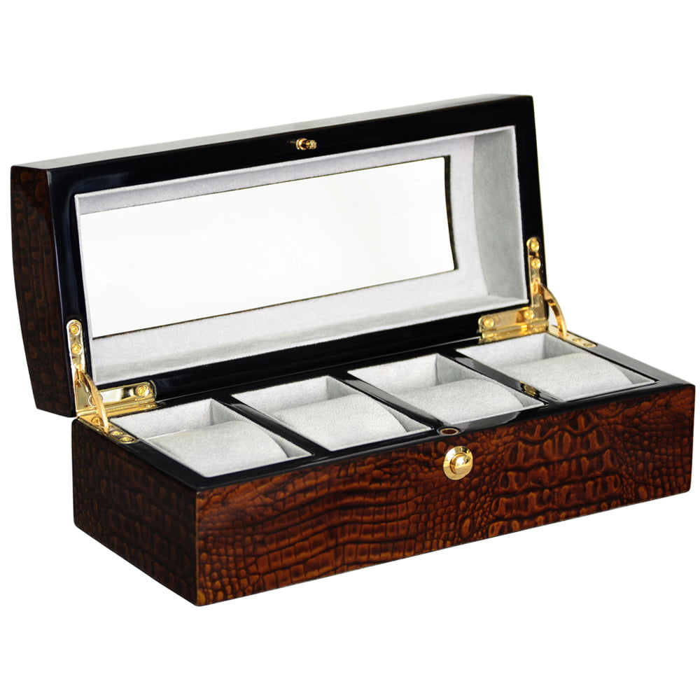 High Glossy Crocodile Grain Brown 4 Watch Case with Tempered Glass Display