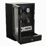 Black high-gloss four watch winder with tempered glass door, hardware lock and lower drawer