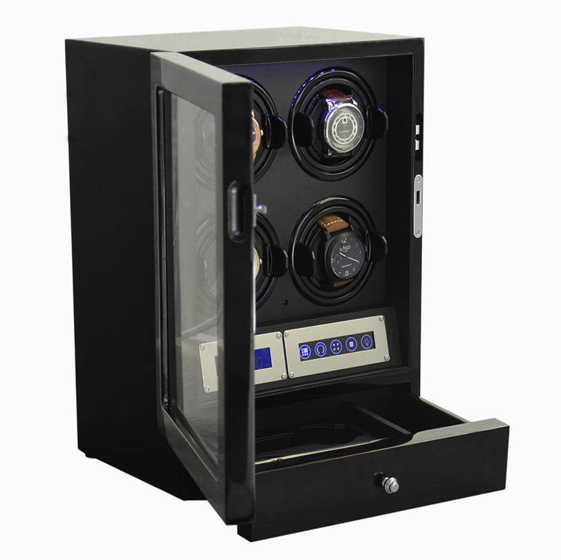Black high-gloss four watch winder with tempered glass door, hardware lock and lower drawer