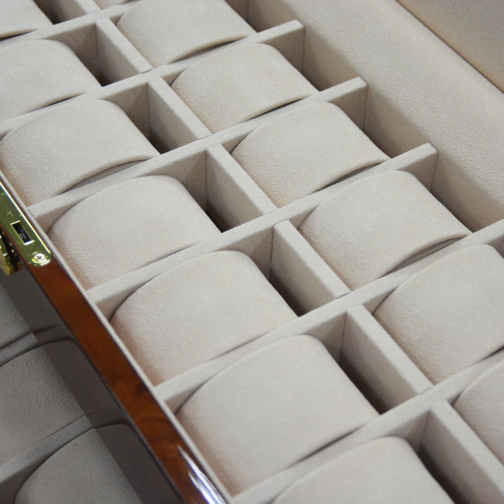 40 slot watch case interior with velvet wrapped watch cushions