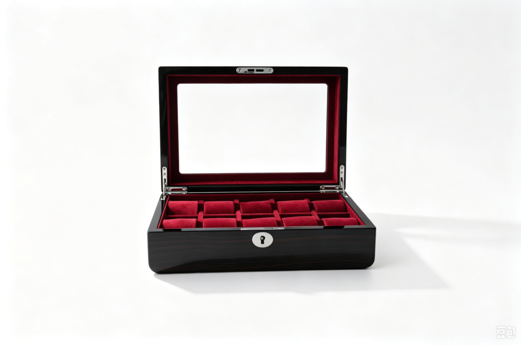 High Glossy Ebony Grain Spliced Carbon Fiber 10 Watch Case with Burgundy Velvet Interior