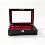 High Glossy Ebony Grain Spliced Carbon Fiber 10 Watch Case with Burgundy Velvet Interior