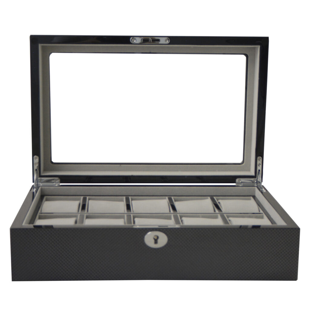 High Glossy Carbon Fiber 10 Watch Case with Tempered Glass Display