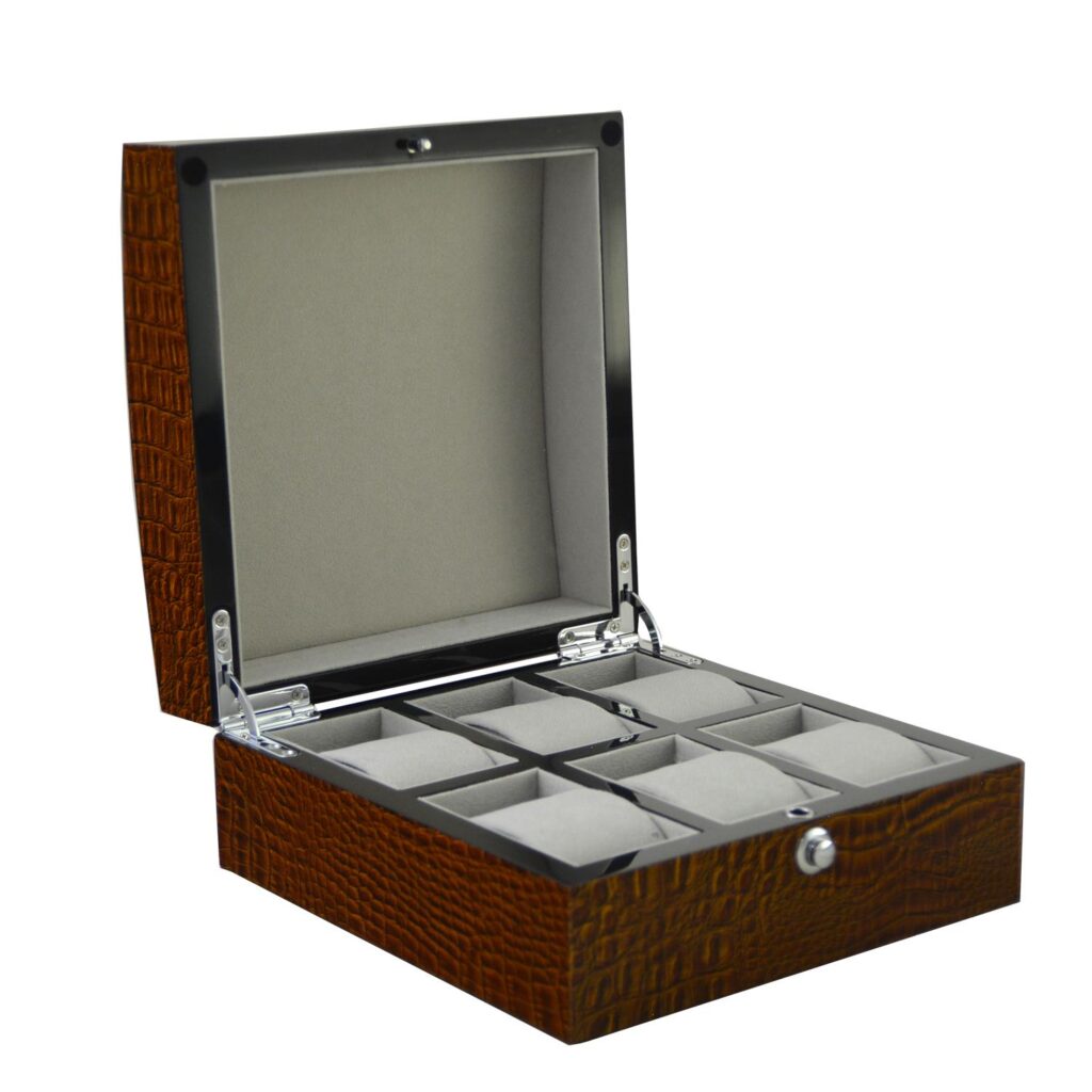 High Glossy Crocodile Grain Brown 6 Watch Case with Velvet Interior
