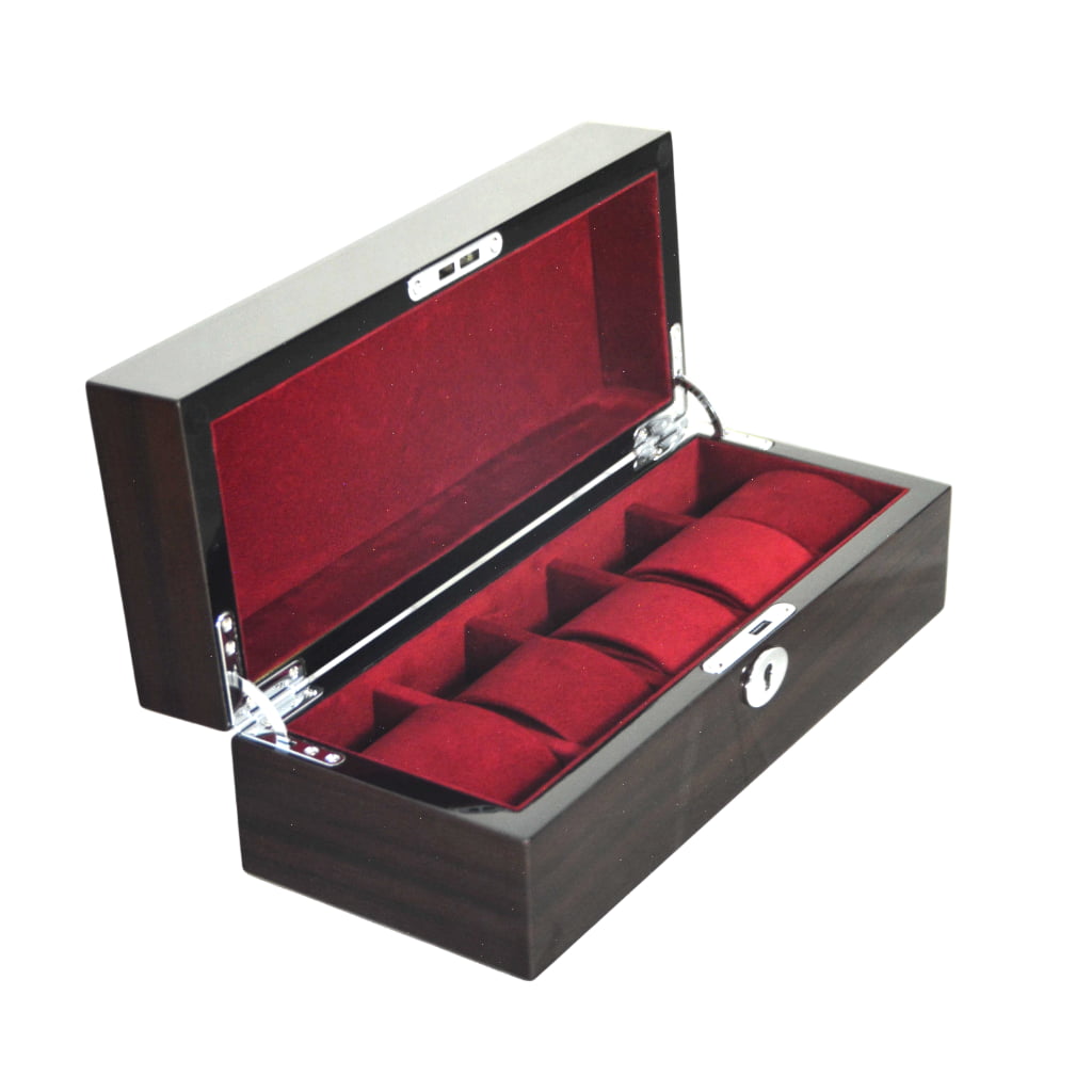 High Glossy Macassar Ebony Grain 5 Watch Case with Burgundy Velvet Interior