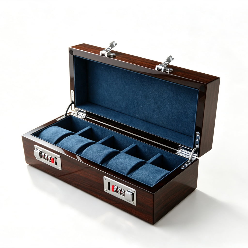 High Glossy Macassar Ebony Grain 5 Watch Case with Blue Velvet Interior and Combination Lock