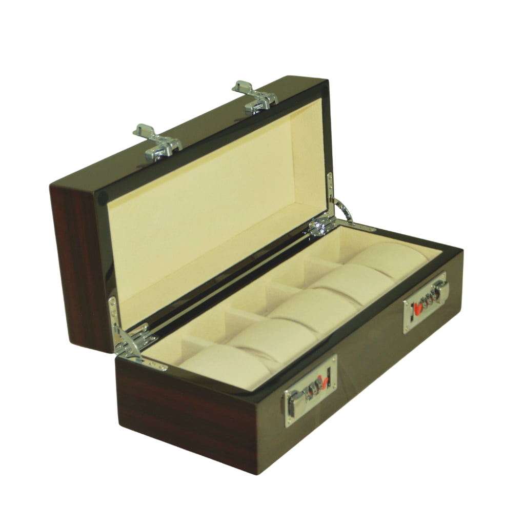 High Glossy Macassar Ebony Grain 5 Watch Case with Combination Lock