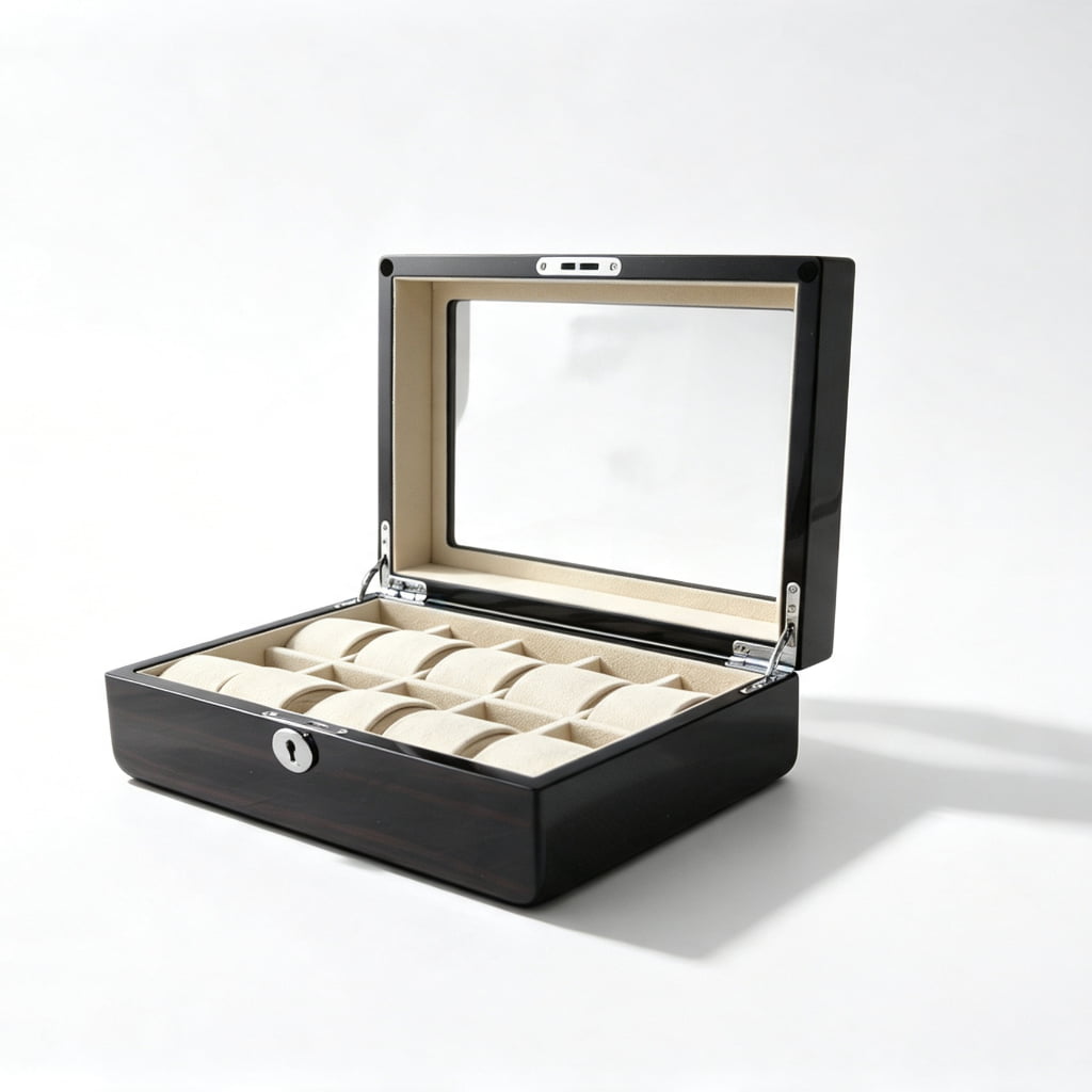 High Glossy Ebony Grain Spliced Carbon Fiber 10 Watch Case with Tempered Glass Display