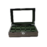 High Glossy Dark Oak Grain Spliced Carbon Fiber 10 Watch Case with Green Velvet Interior