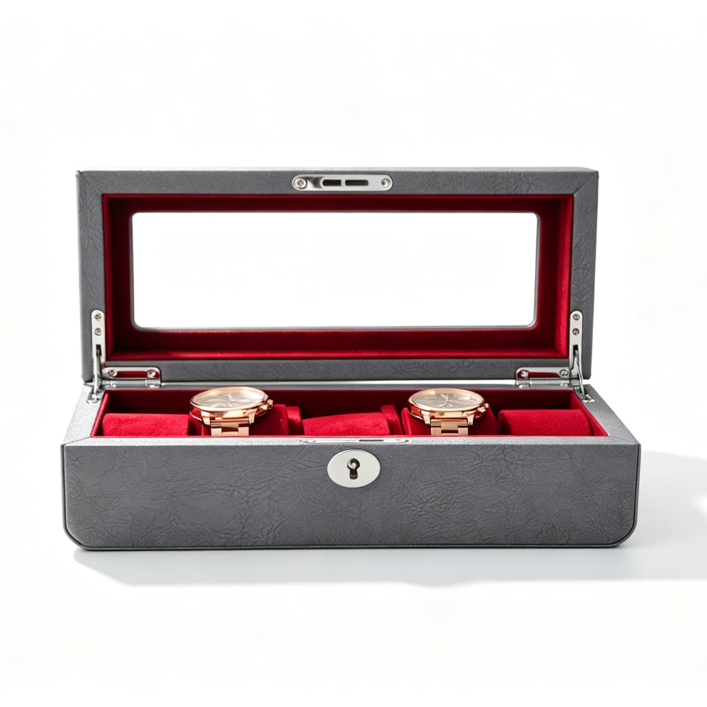PU Leather Gray 5 Watch Case with Burgundy Velvet Interior