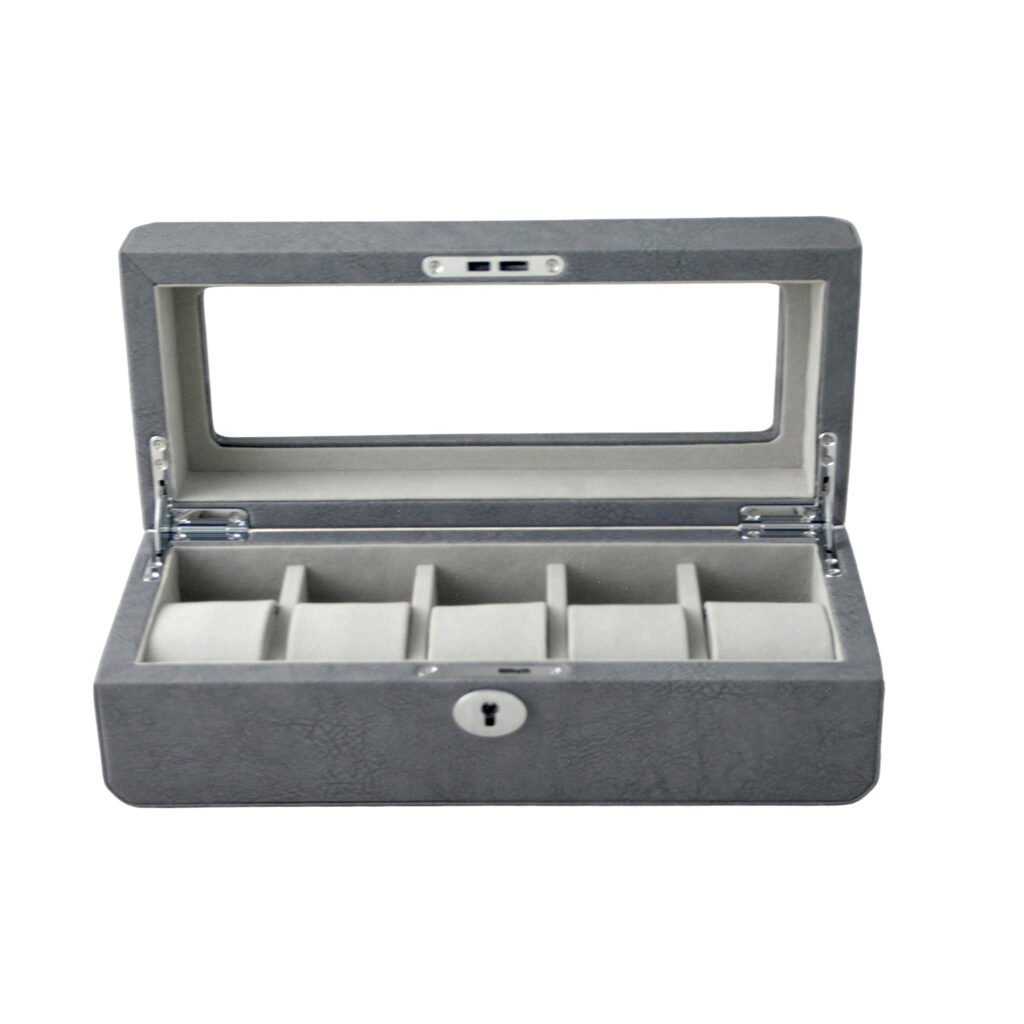 PU Leather Gray 5 Watch Case with Gray Velvet Interior