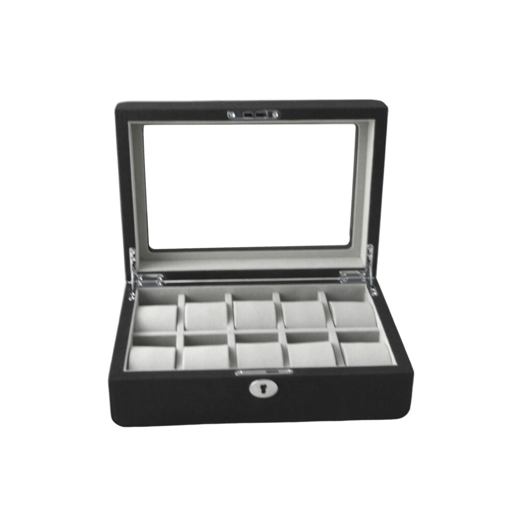 PU Leather Black 10 Watch Case with Grey Velvet Interior