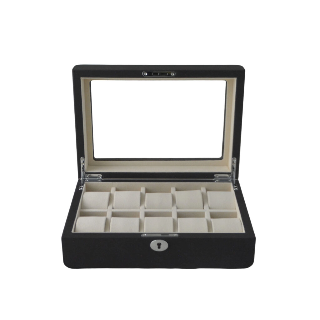 PU Leather Black 10 Watch Case with Grey Velvet Interior
