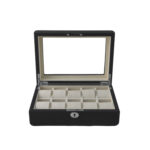 PU Leather Black 10 Watch Case with Grey Velvet Interior