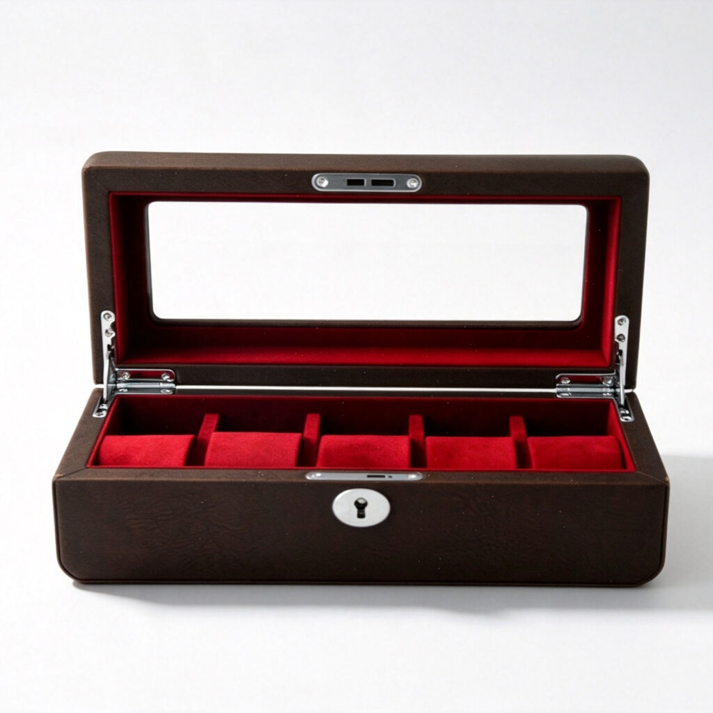PU Leather Brown 5 Watch Case with Burgundy Velvet Interior
