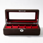 PU Leather Brown 5 Watch Case with Burgundy Velvet Interior