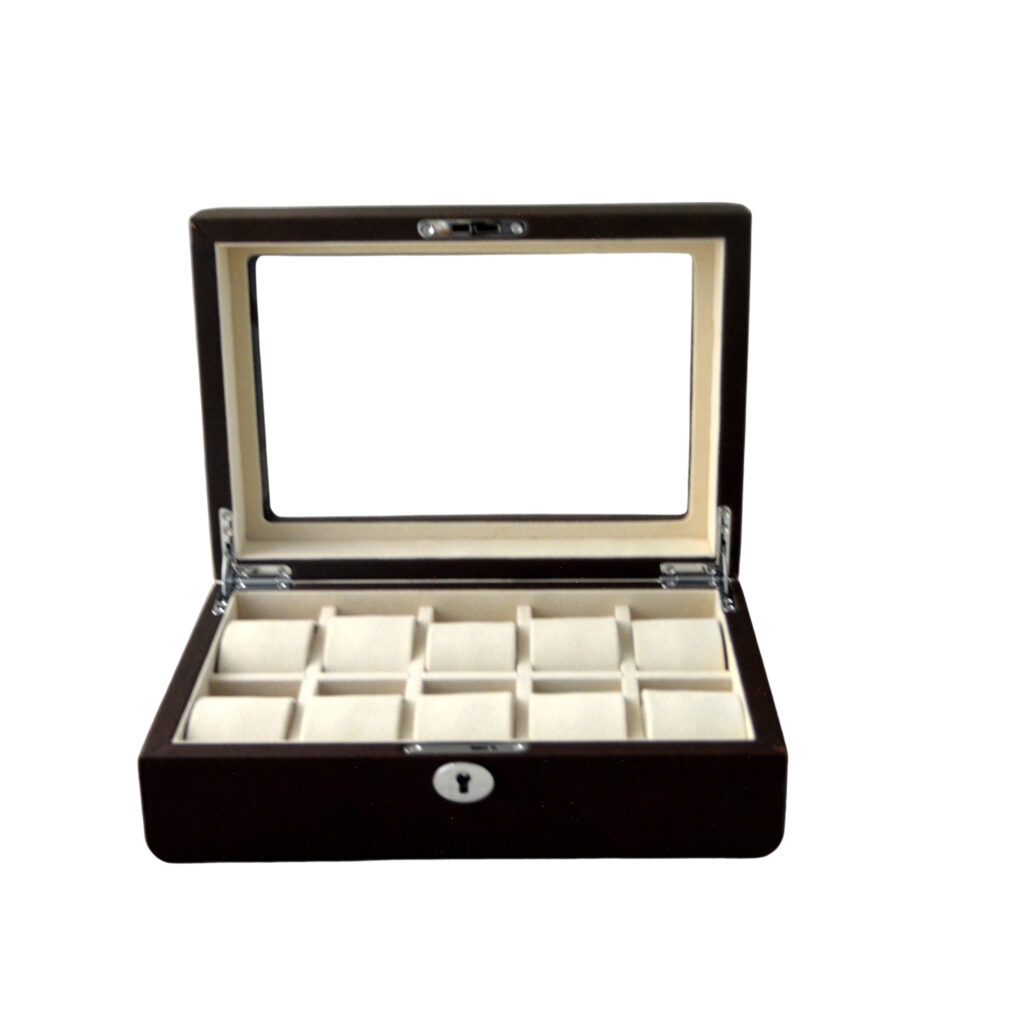 PU Leather Brown 10 Watch Case with Ivory Velvet Interior