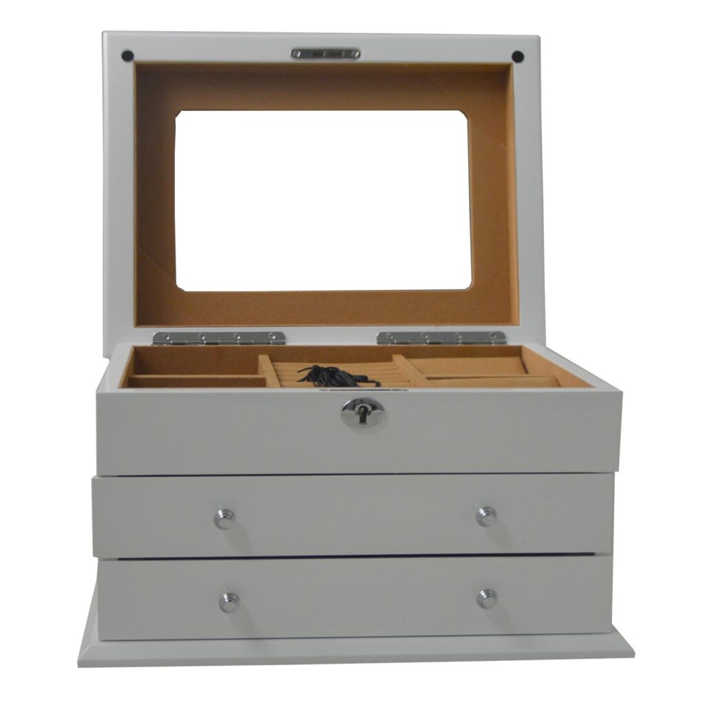 Open jewelry collection box with mirror and organized interior compartments