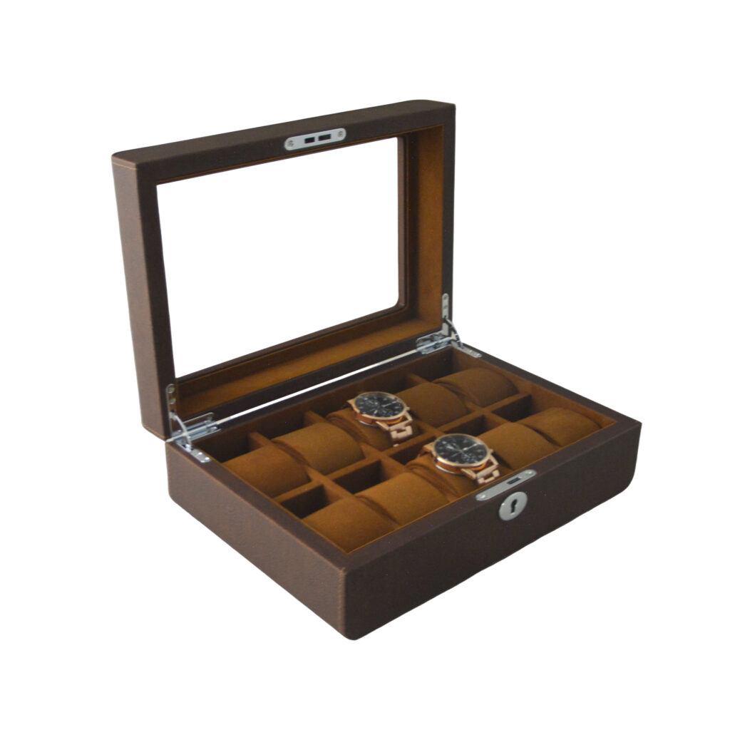 Brown watch box interior with multiple watch holders