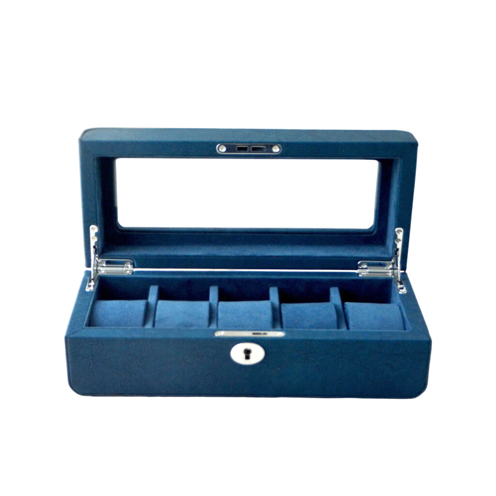 Open blue watch display box with five watch cushions