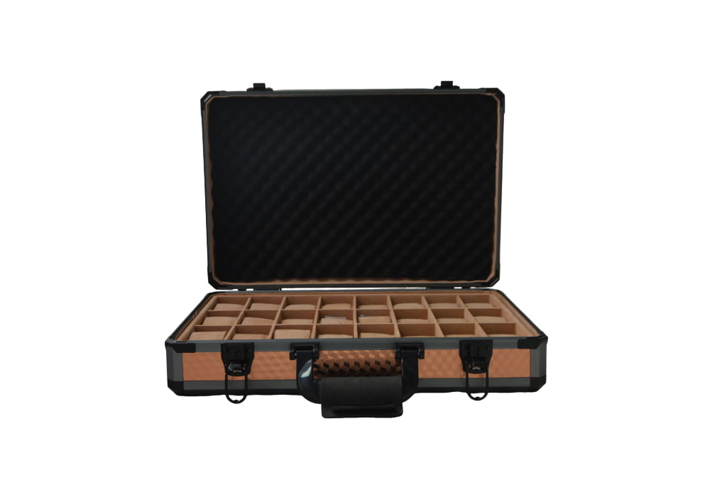 Open rose gold 24 slot watch suitcase with apricot velvet-lined compartments and watch pillows
