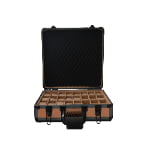 Open rose gold 24 slot watch suitcase with apricot velvet-lined compartments and watch pillows