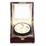 2-watch winder front open view with ebony finish, beige interior and dual winding positions