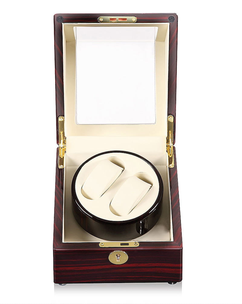 2-watch winder front open view with ebony finish, beige interior and dual winding positions