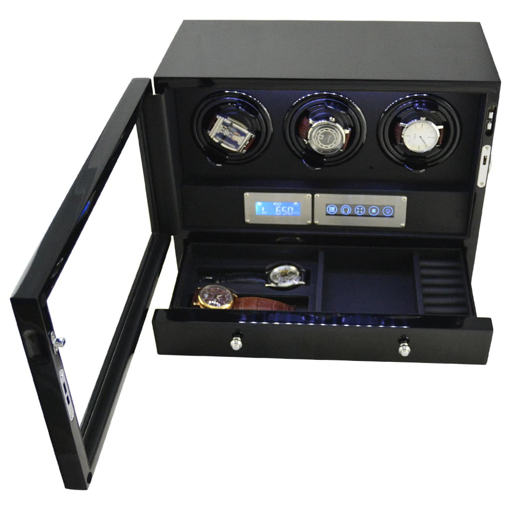 Triple watch winder with LED-lit winding positions and open watch storage drawer